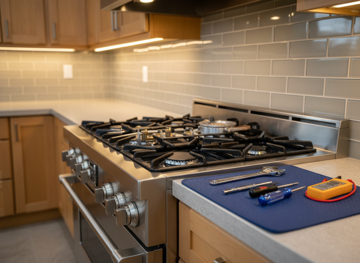 An open stainless steel gas range and oven with a glossy black cooktop is shown in close-up, its burner assembly exposed with neatly arranged tools—precision screwdrivers, a small wrench, and a voltage tester—laid out on a folded protective mat beside it. The surrounding kitchen features warm light-wood cabinetry and a light subway-tile backsplash, slightly out of focus. Warm under-cabinet LED lighting and soft ambient ceiling light create balanced illumination and subtle highlights on metal surfaces. The mood is professional and meticulous, emphasizing careful diagnostics and repair. Photographic realism, shot from a slightly angled close-up perspective with shallow depth of field, drawing attention to the burner components and tools while maintaining a clean, modern, trustworthy aesthetic.