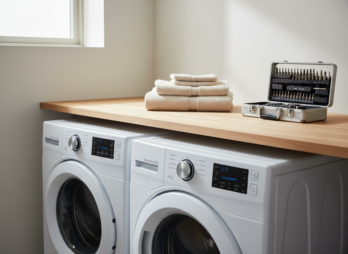 A sleek, front-loading washing machine and matching dryer in pristine white enamel sit side by side in a bright laundry room, their control panels illuminated and displaying completed cycles. A neatly folded stack of fresh towels rests on a smooth wooden countertop above, next to a small, closed toolbox with organized driver bits visible through a transparent lid. Diffused daylight enters from a high side window, casting soft, even lighting with minimal shadows that highlights the machines’ clean surfaces. The composition uses the rule of thirds in photographic realism, with a calm, orderly atmosphere that communicates reliability and successful appliance repair, captured with a slightly elevated angle and moderate depth of field for crisp, professional detail.